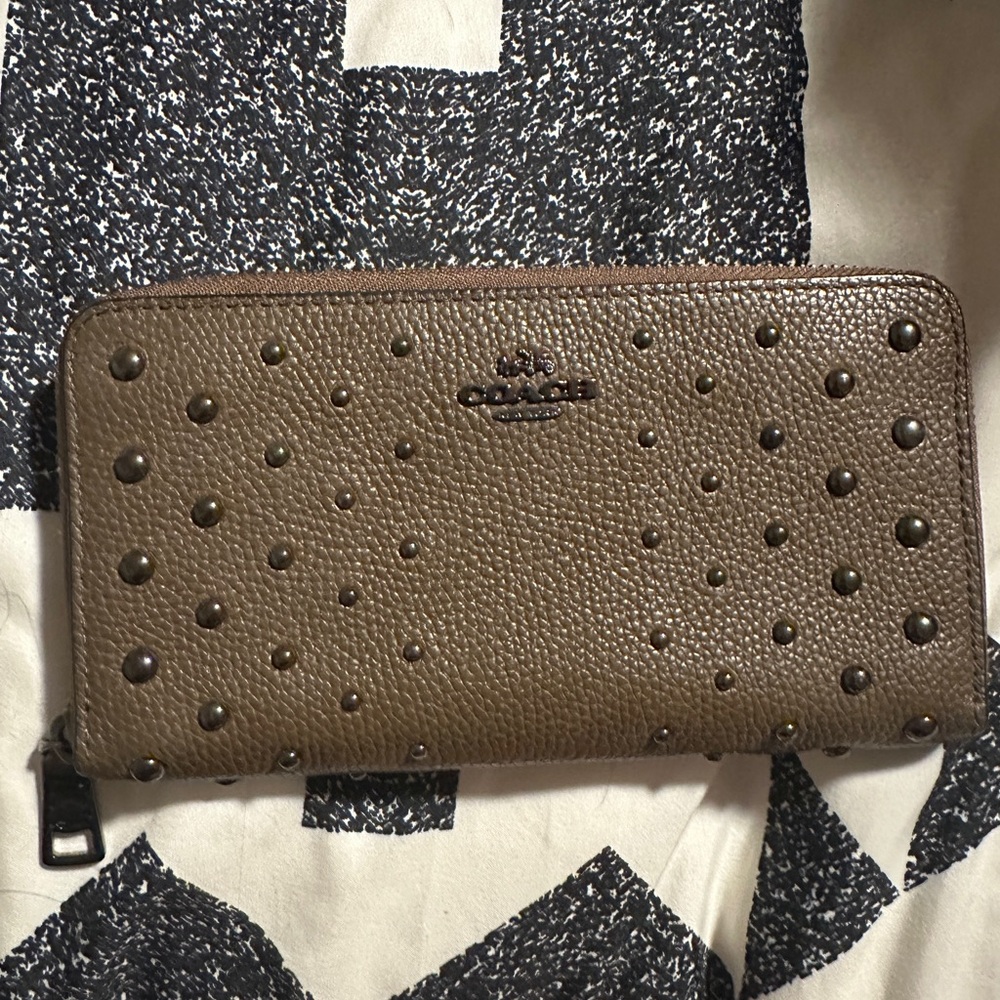 Coach Taupe Studded Zip-Around Wallet